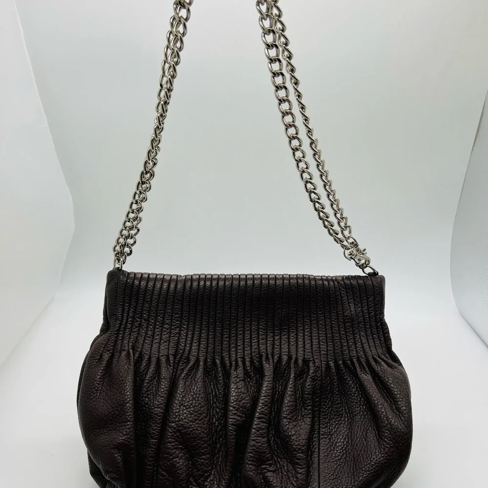 BODHI BROWN PEBBLED LEATHER SHOULDER BAG OR CLUTCH WITH SILVER CHAIN STRAPS